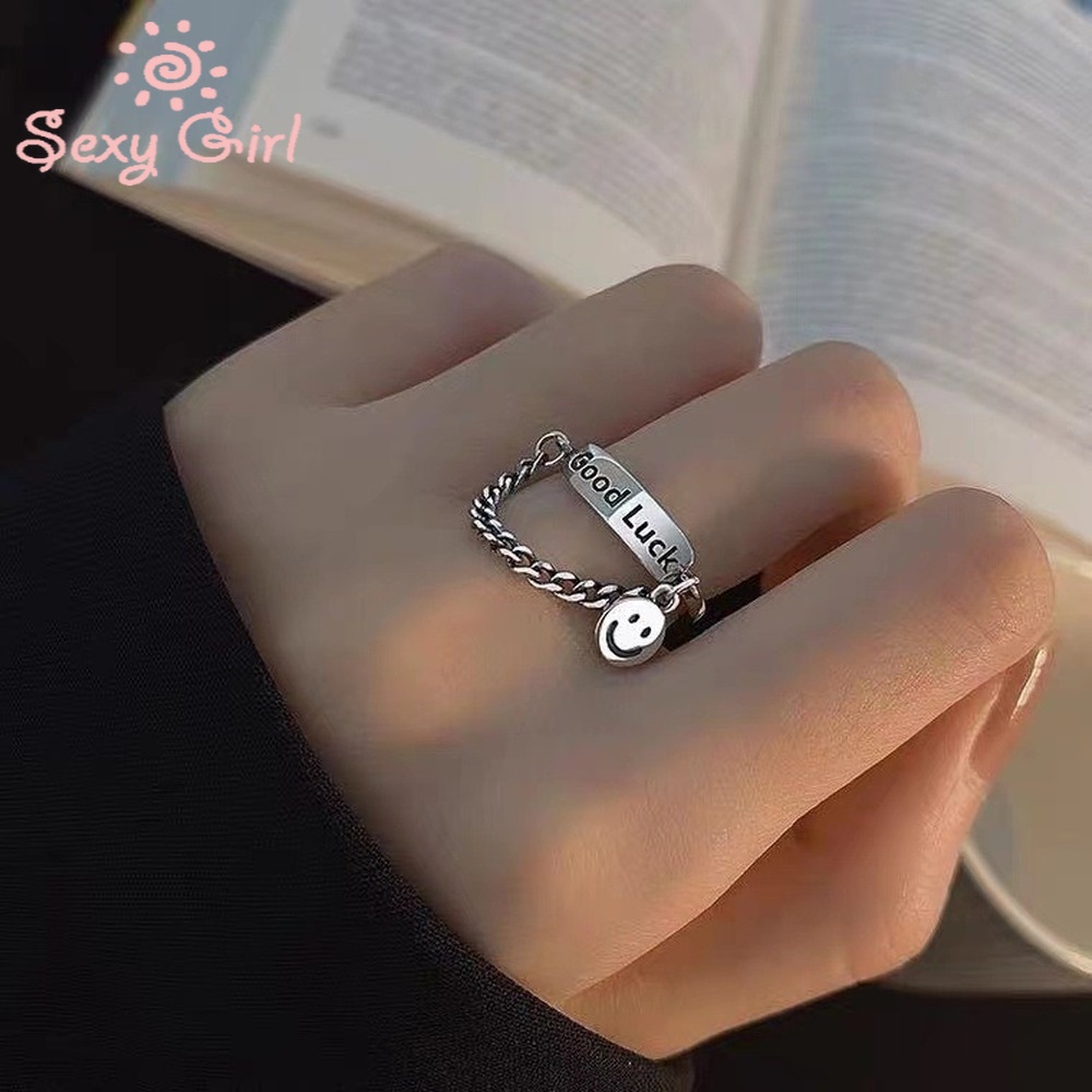 Korean Open Adjustable Smiley Face Letter Ring English Ring Personality Street Jewelry Suitable for Men Women Fashion Accessories