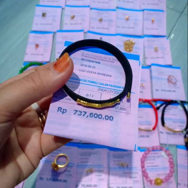 Gelang tali/ bisa kalung hitam Emas Hongkong ASLI Bambu 24 Karat