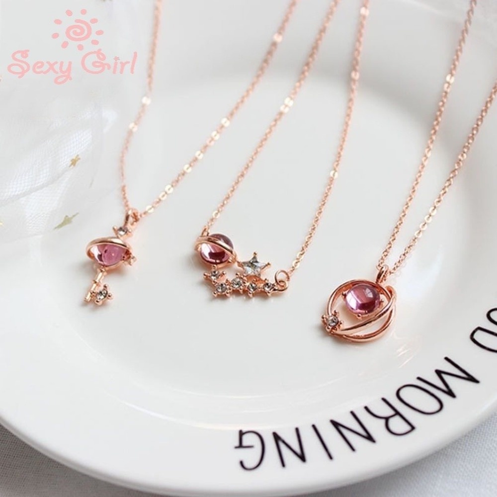 Pink Star Necklaces Pink Crystal Planet Pendant Necklace Women Simple Cute Jewelry Gifts