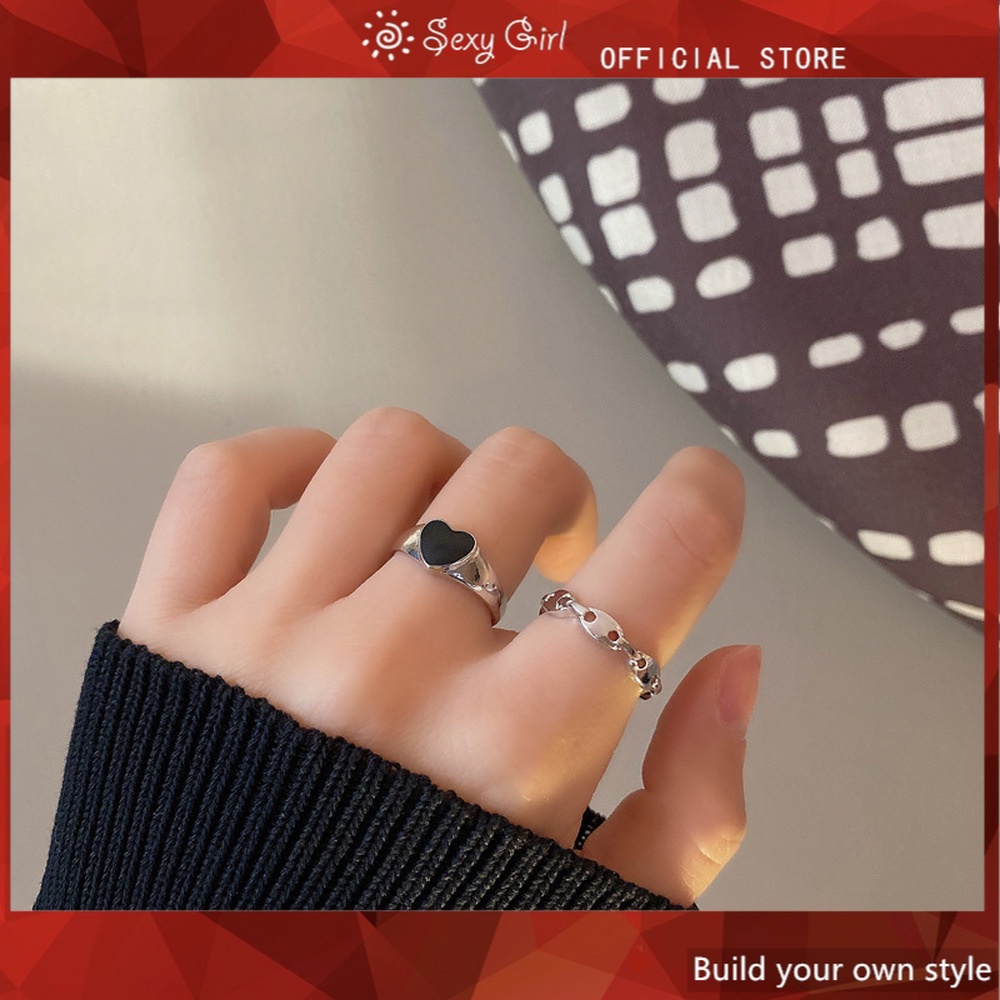 2pcs / set Cincin Model Terbuka Bentuk Hati Tidak Teratur Gaya Hip Hop Untuk Wanita