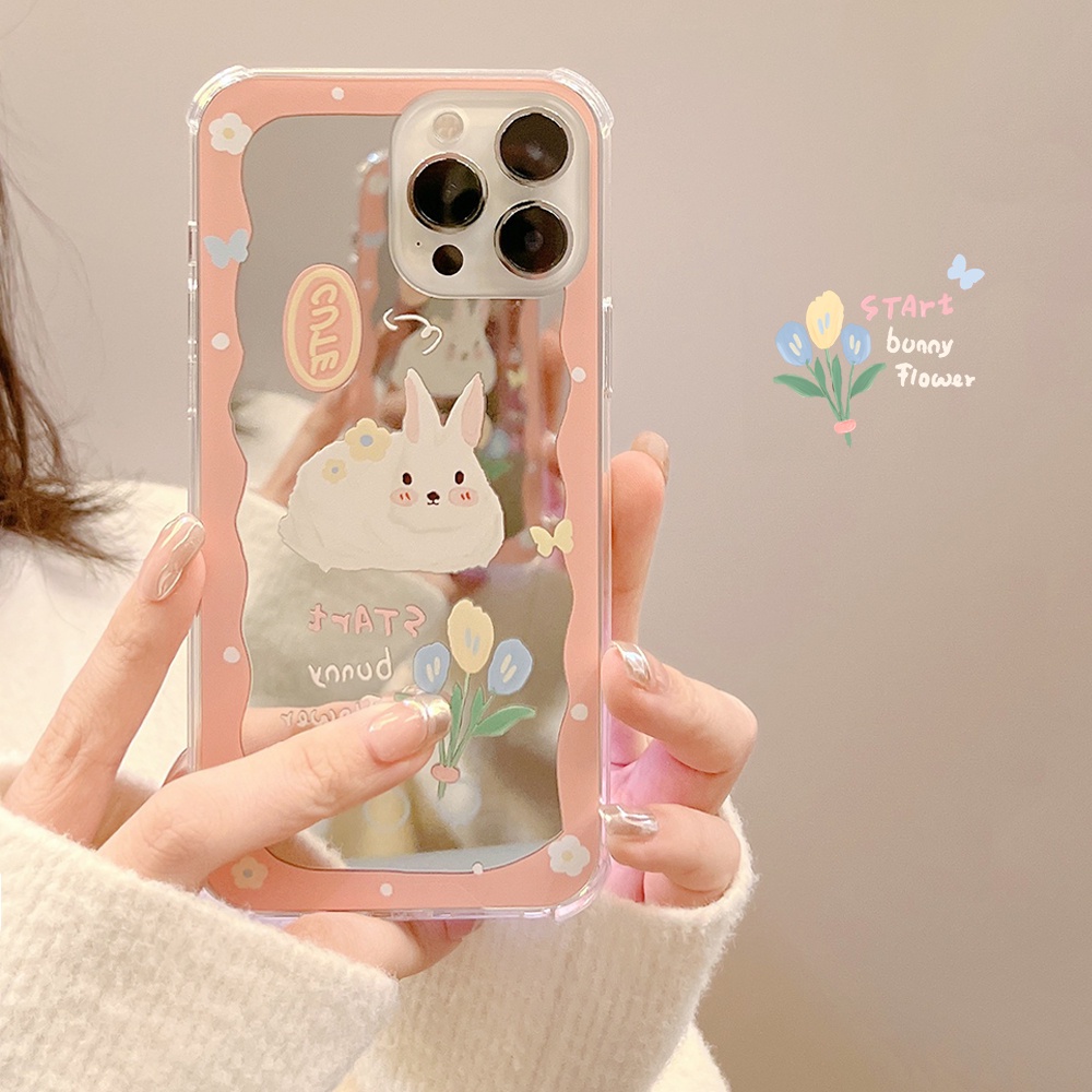 ins Makeup Mirror Shock Proof Soft Case IP Iphone 7 8 Plus X XR XS Max IPhone 11 Pro Max 12 13 Pro Max SE 2020 12 13 mini Cutee Pink Bunny rabbit Casing