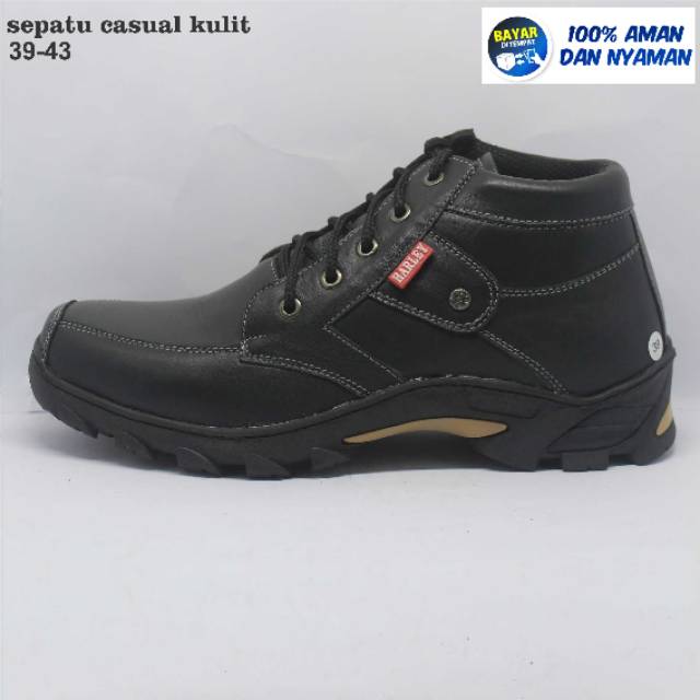 Sepatu boots casual hitam pria kulit sapi asli utk hangout touring hiking muncak satpam kichen spbu