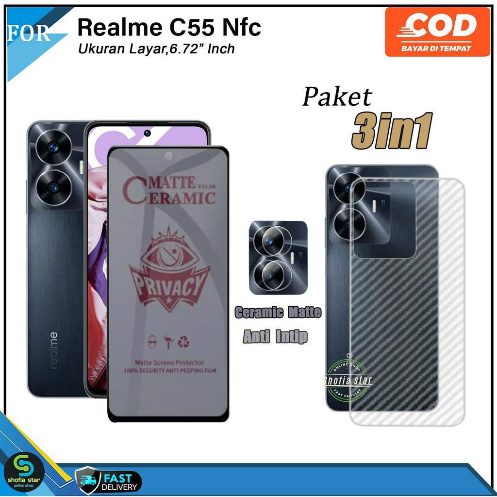 PAKET 3IN1 Tempered Glass Ceramic Privacy Realme C55 Nfc C53 Nfc Anti Spy Full Cover Bonus Anti Gores Kamera Dan Skin Carbon 3D