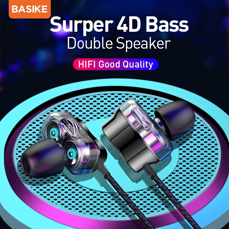 BASIKE Earphone  headset In-Ear Stereo 4D Super earphone Bass dengan Mic + Kabel Jack 3.5mm Android 