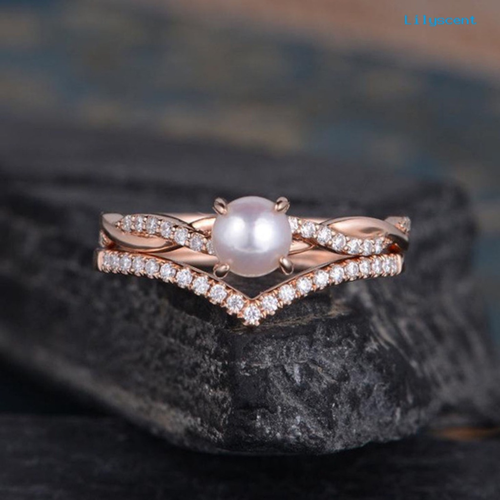 2pcs Cincin Jari Bentuk Twisted Aksen Mutiara Tiruan Untuk Wanita