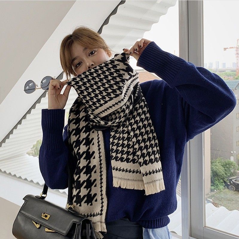 IMPORT WOMAN WINTER HOUNDSTOOTH WOOL LONG SCARF SHAWL SYAL SELENDANG PANJANG WANITA WOL MUSIM DINGIN-2