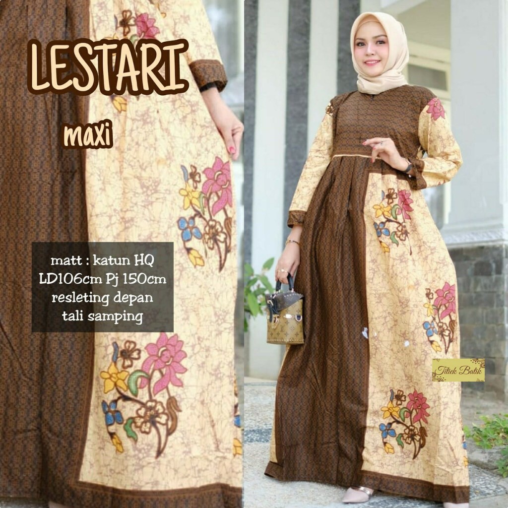 Gamis Lestari Maxi Batik Sogan Modern Long Dress Terusan Gamis Pesta Seragam Muslim