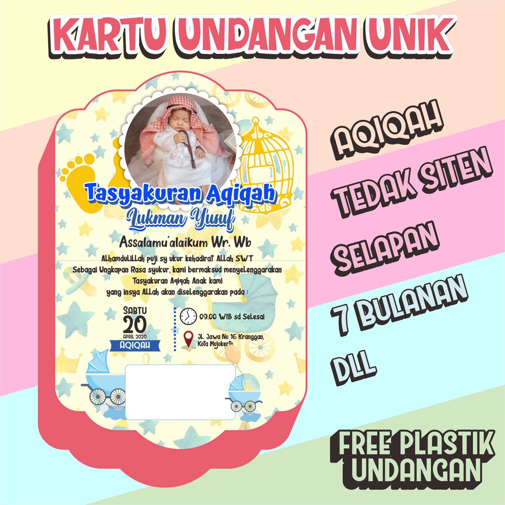 Jual Undangan Aqiqah / Tedak Siten / Selapan Custom Bentuk Unik Murah
