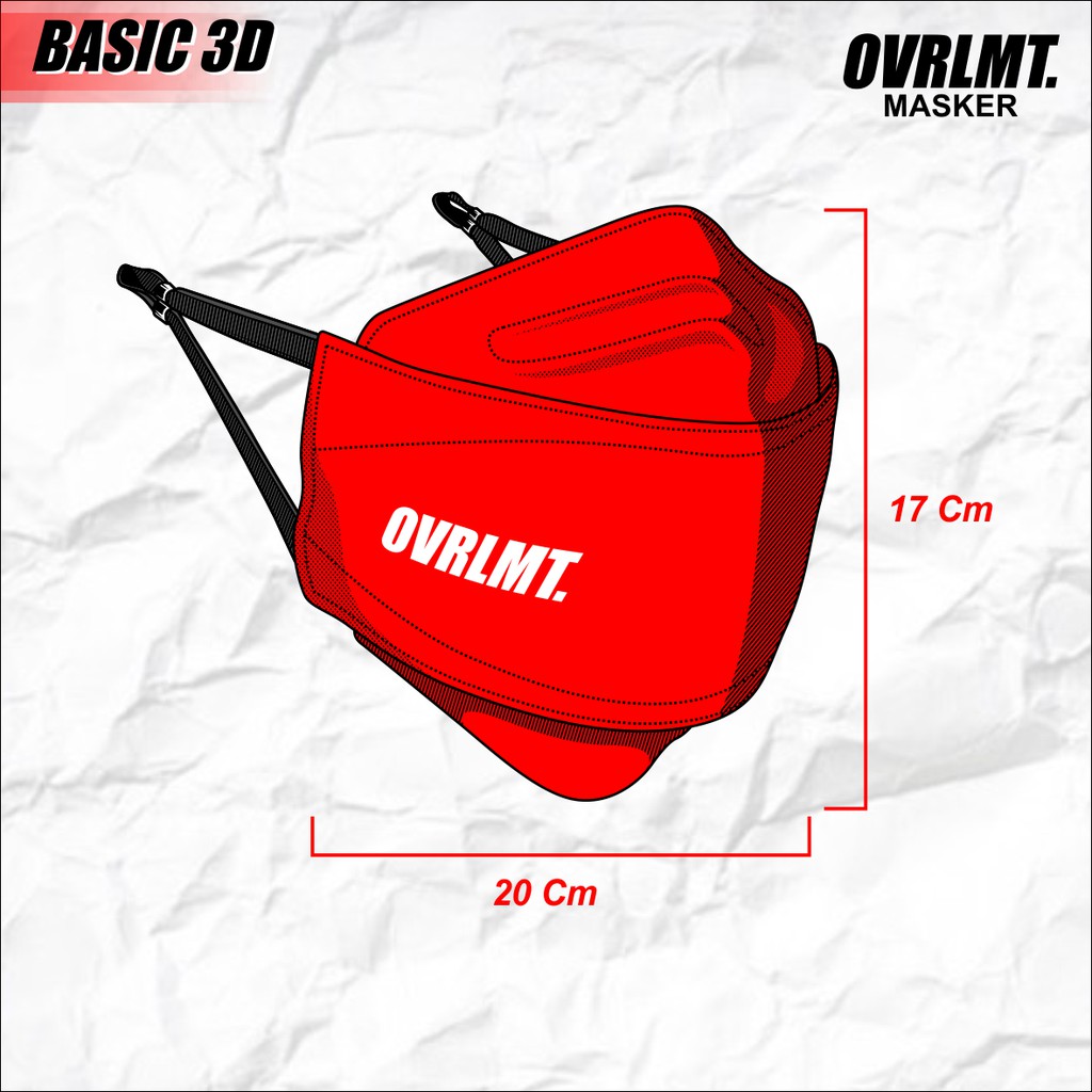 OVERLIMIT BASIC 3D Red - Masker Pria Wanita Premium Dewasa 3 ply kain 3 lapis Motif Distro Model Adjustable Strap Mask Bahan