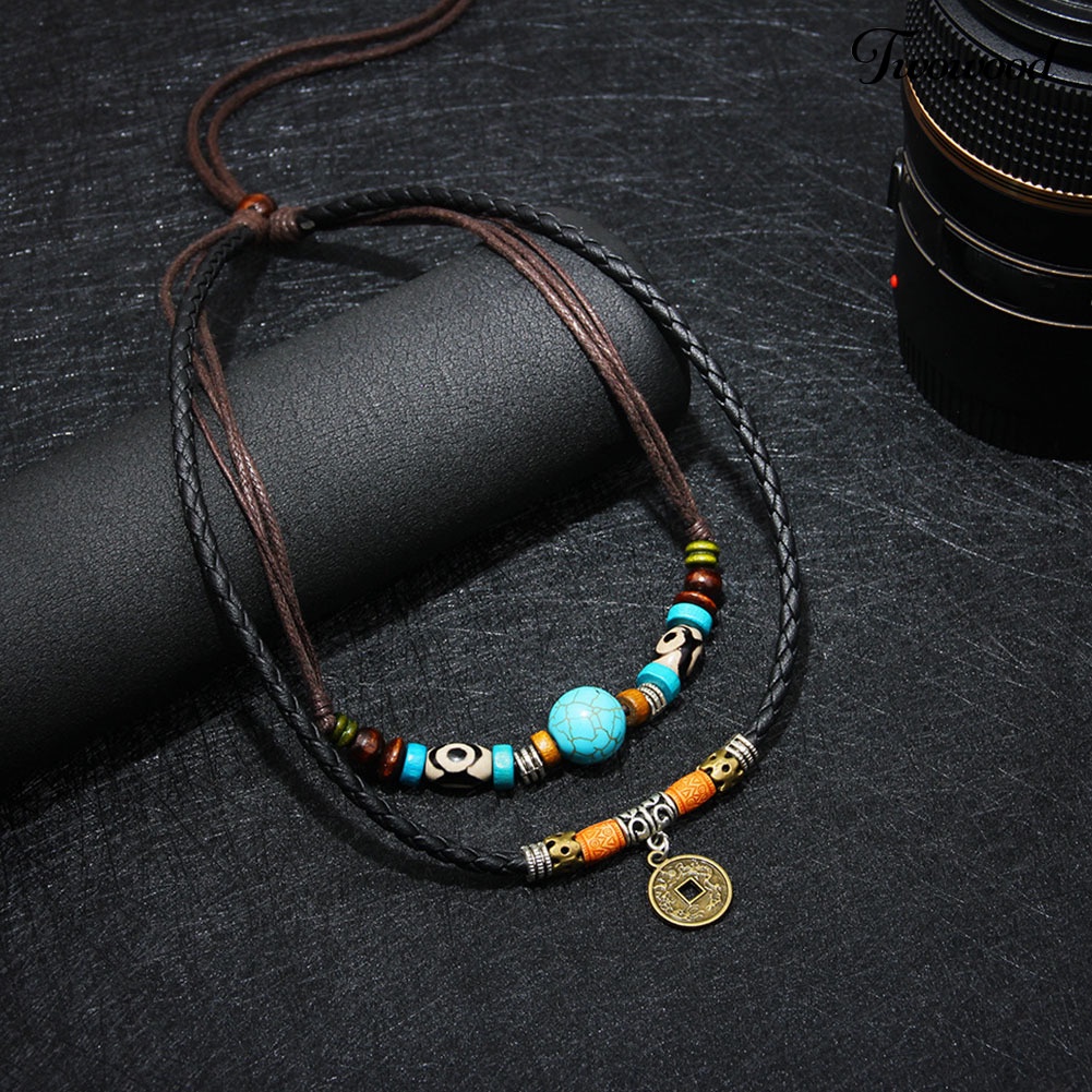 Kalung Choker Multilayer Dengan Liontin Manik-Manik Turquoise Imitasi Untuk Pria