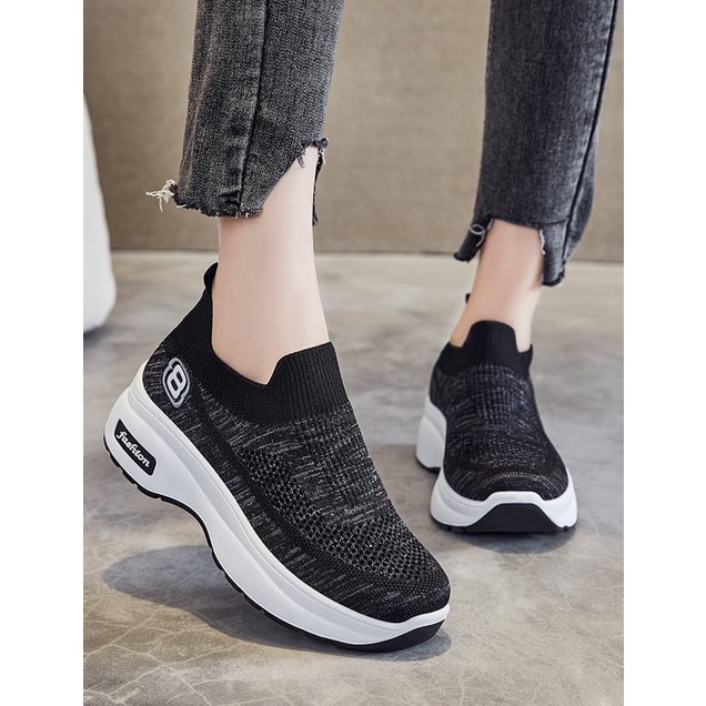 TOPGROSIR LV0157 Sneakers Sepatu Wanita Import Motif 8 Comfort Wedges Bahan Kanvas Premium