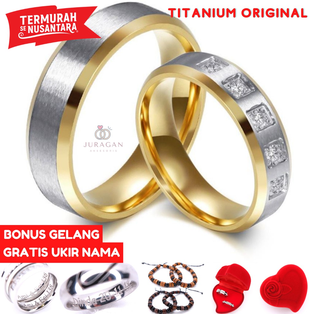 [HIGH QUALITY] Cincin Couple BUCIN R101 Titanium Ukir Nama + Box Beludru + BONUS Gelang Couple