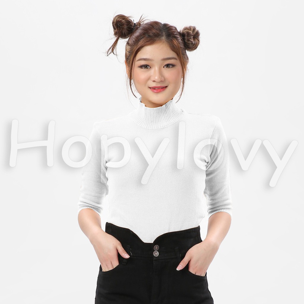 HOPYLOVY Blouse Rajut Turtleneck Wanita Lengan 3 per 4 Rafika-PUTIH