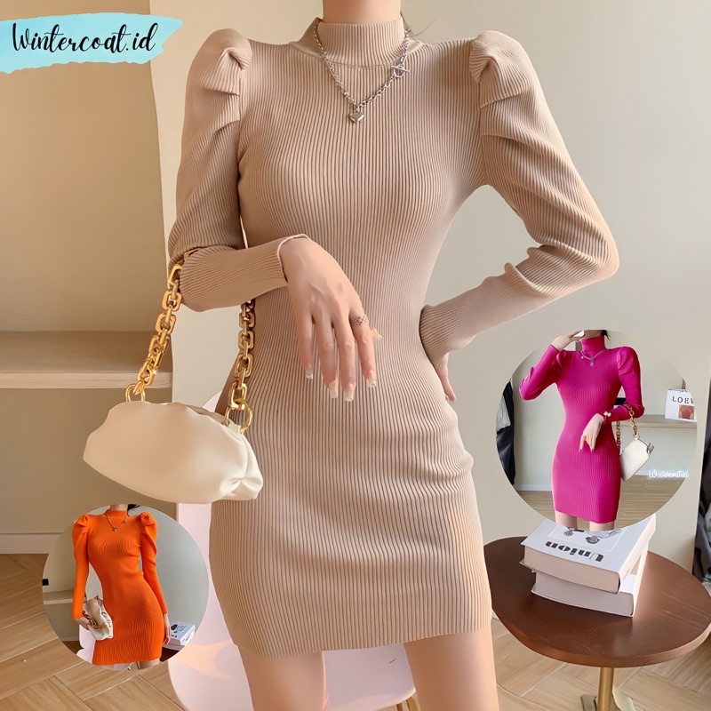 Sweater wanita import korean style Fanny high neck lowneck turtleneck bodycon dress rajut