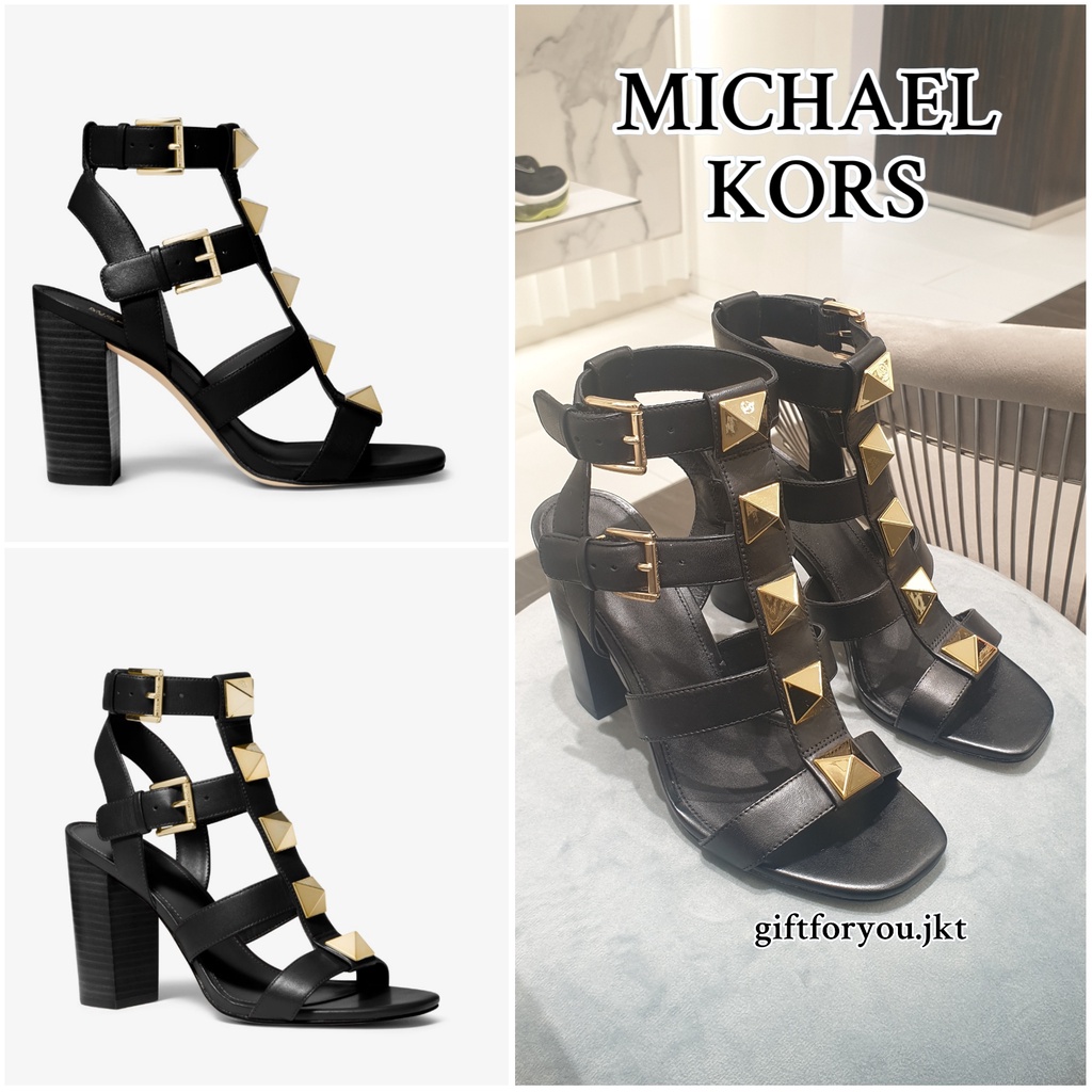 Sandal Wanita Michael Kors Wren Studded Leather Gladiator Black Sandal Heels Original Sepatu