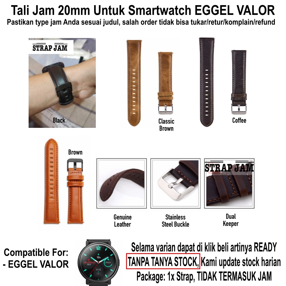 Tali Jam Eggel Valor - Strap 20mm Genuine Leather Kulit Classic Style