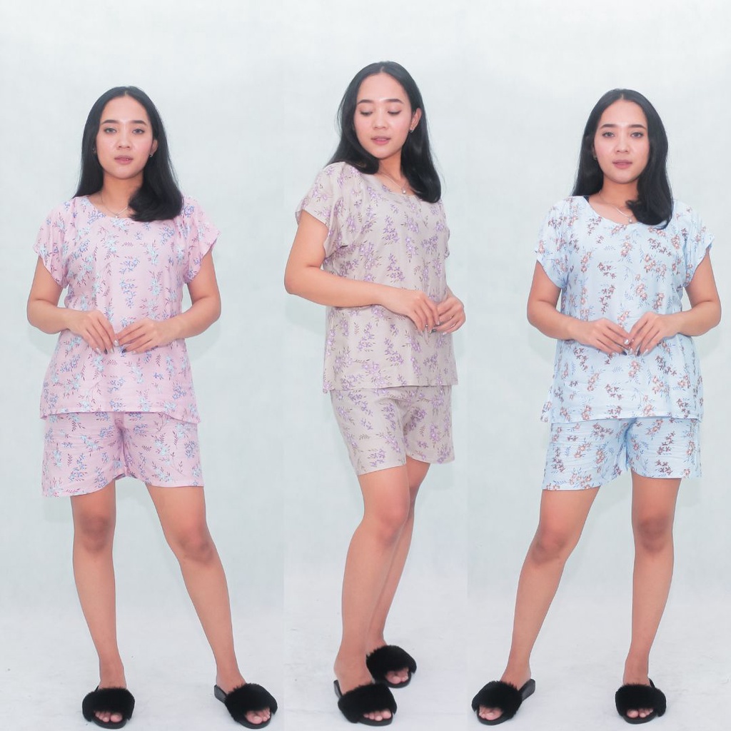 Baju Tidur Piyama Wanita Lengan Pendek Bunga Batik Aster Full Set Rayon