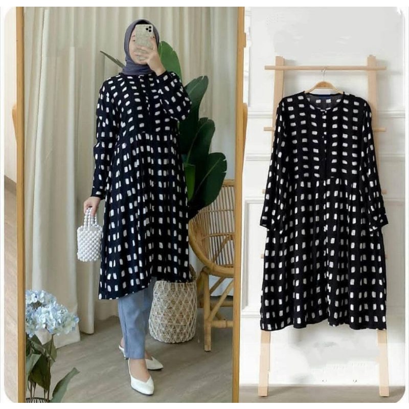 OME TUNIK TUNIK WANITA TUNIK HITAM TUNIK MONOCHROME TUNIK POLKADOT TUNIK PUTIH ATASAN WANITA