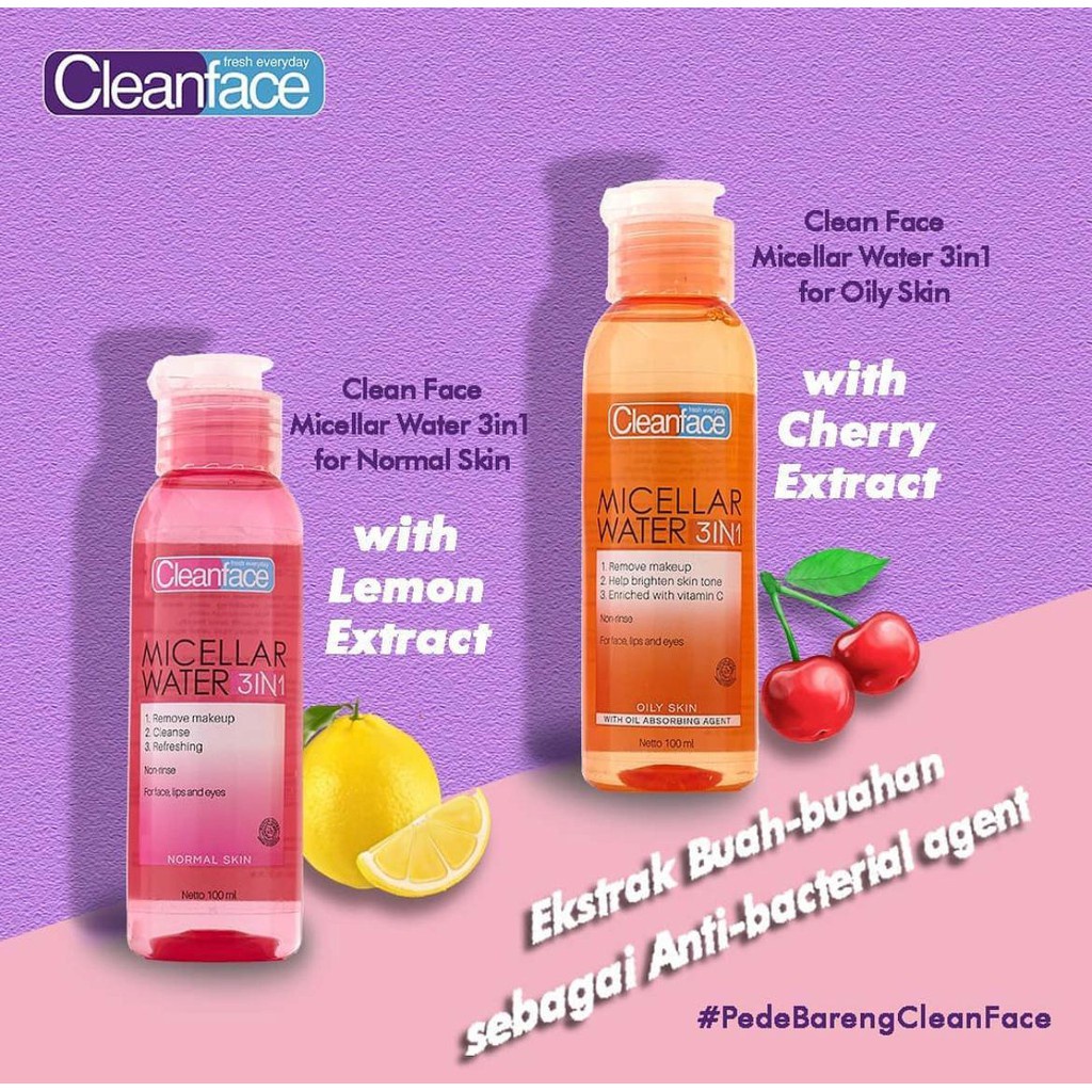 CLEANFACE Purbasari Micellar Water 3in1 Normal / Oily Skin 100ml - PEMBERSIH MAKE UP CLEANFACE