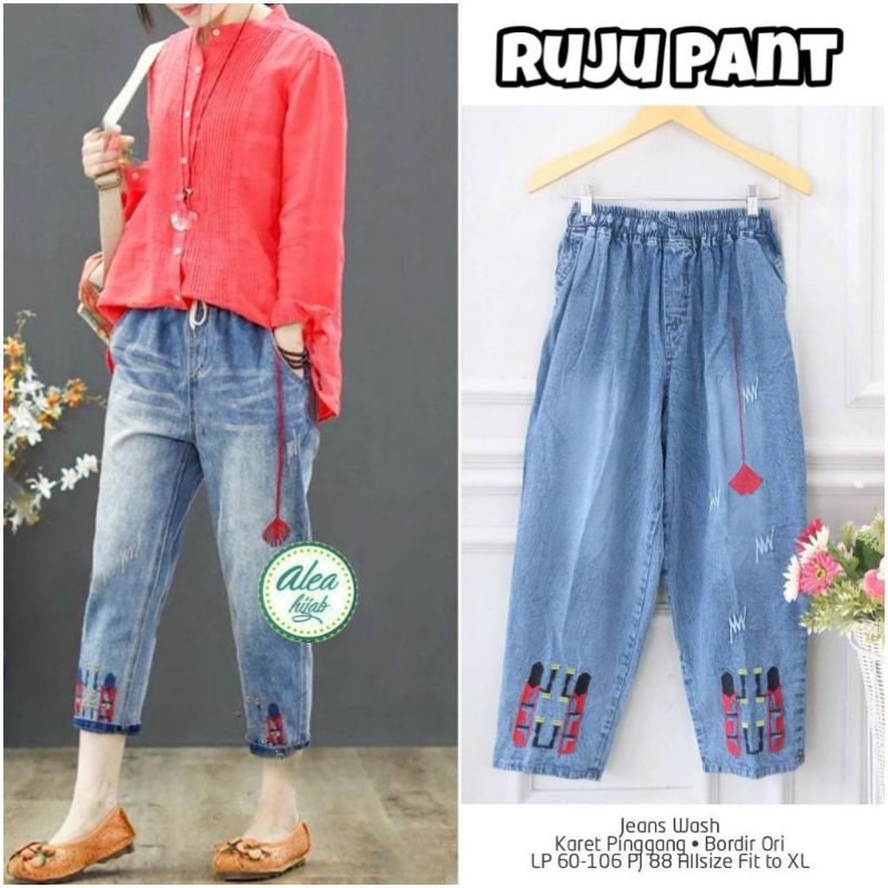 ruju pant Fit to L - XL / celana jeans bordir wanita best seller / celana korea wanita