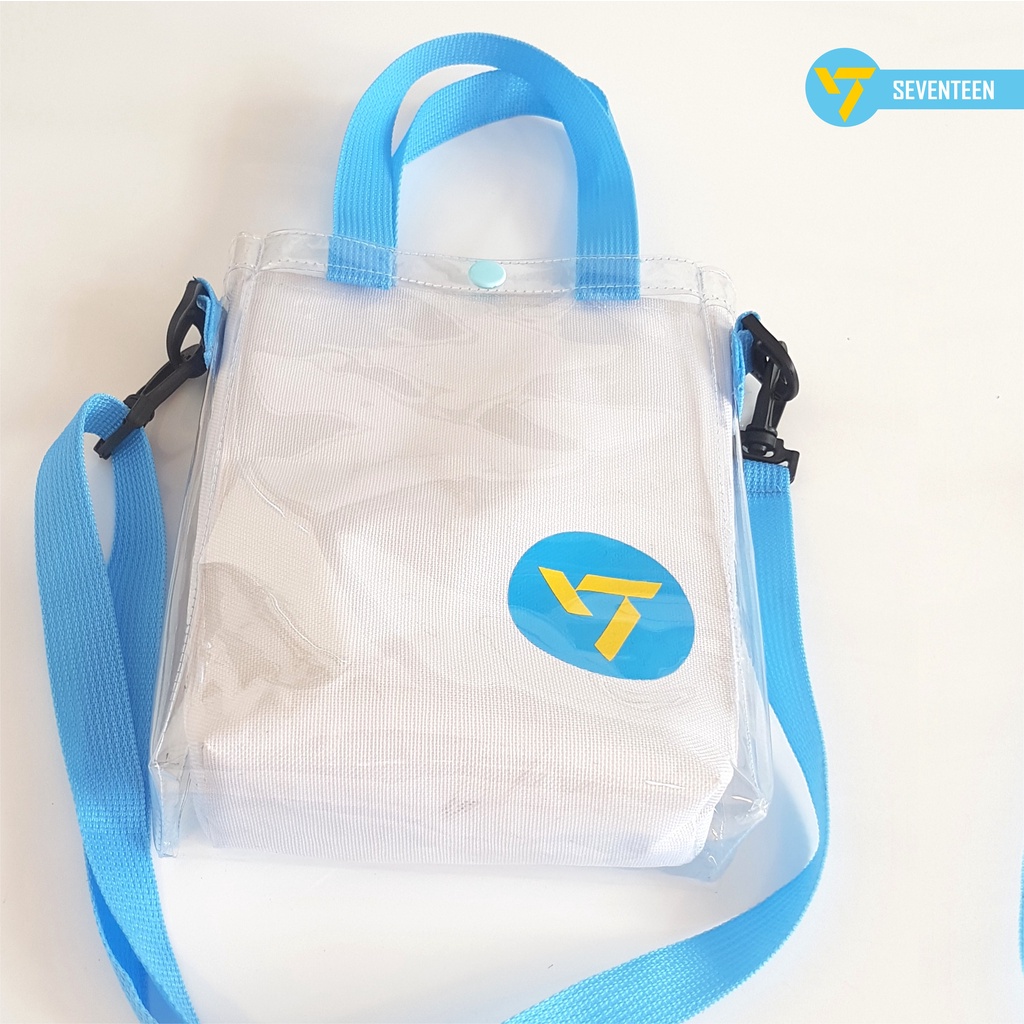 TAS SEVENTEEN SELEMPANG SLING BAG KANVAS MIKA TRANSPARANT TALI PANJANG DAN PENDEK TERMASUK POUCH ukuran 25 cm x 5cm x 18cm