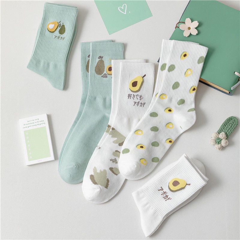 [littlecrab] Kaos Kaki Panjang Motif Avocado Women Socks Import Kaos Kaki Berkualitas Hijau Putih Buah Korean Style