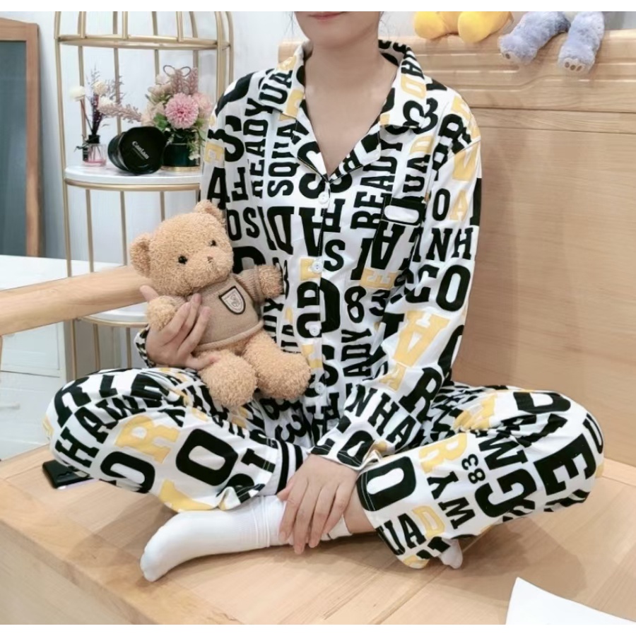 Baju Tidur Wanita Piyama Model Kemeja Lengan Panjang Celana Panjang Motif Kartun BT05