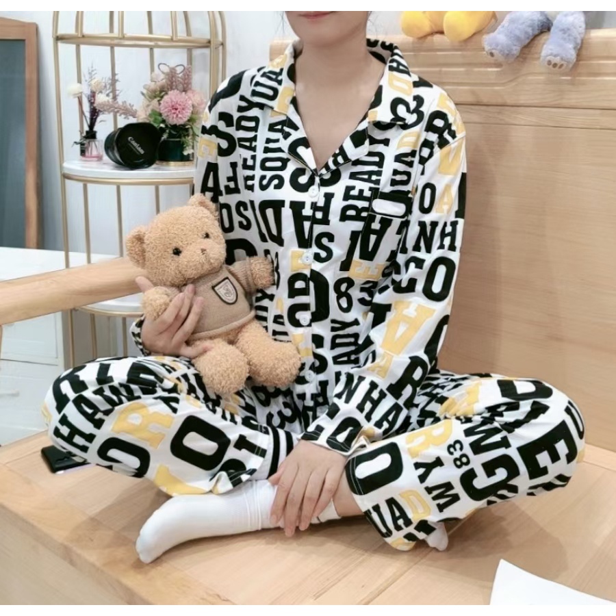 Baju Tidur Wanita Piyama Model Kemeja Lengan Panjang Celana Panjang Motif Kartun BT05