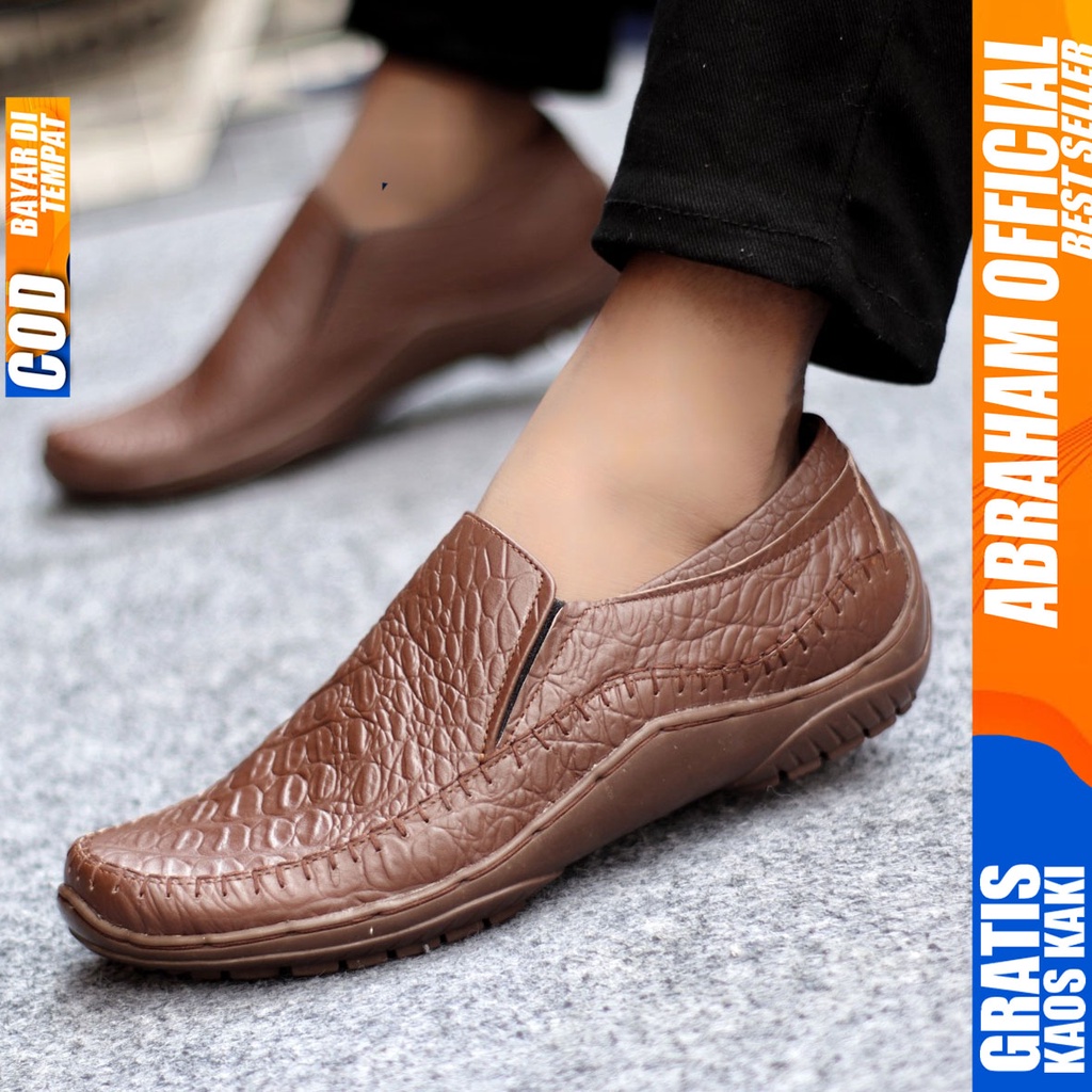 Sepatu Casual Pria Formal Slip On Pantofel Kulit Asli Kerja Kantor Kondangan Kuliah Hitam Fashion Shoes Terbaru Murah Kekinian Original CROCO ABRAHAM