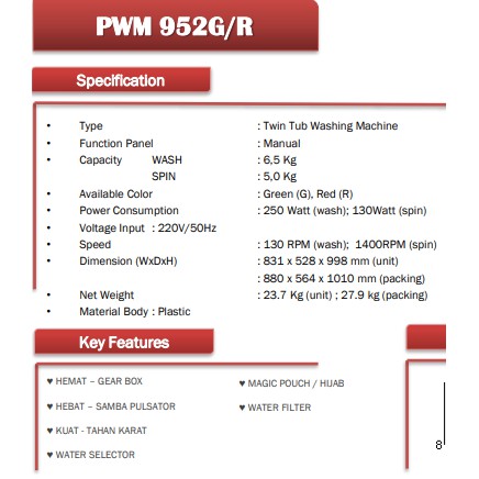 Polytron Mesin Cuci 9 Kg PWM 952 Hijab Series Twin Tube PWM-952