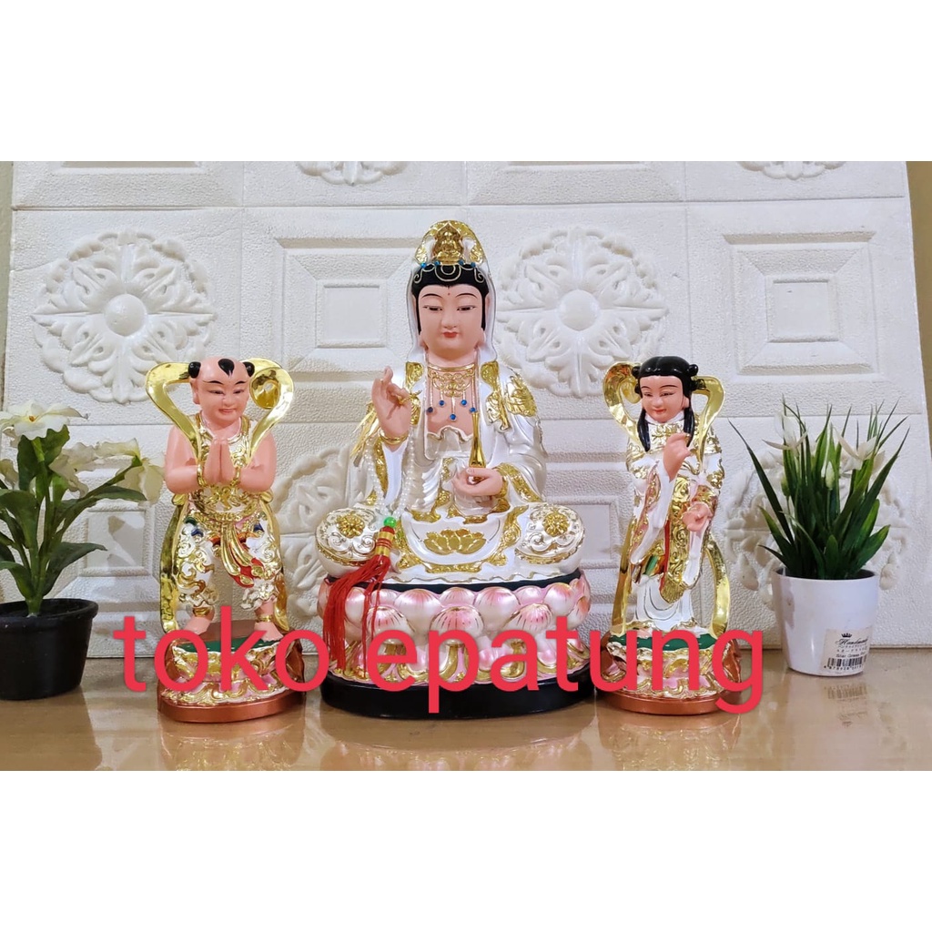 patung dewi kwan im / guan yin / kwan in - 12 inch - kayu - set