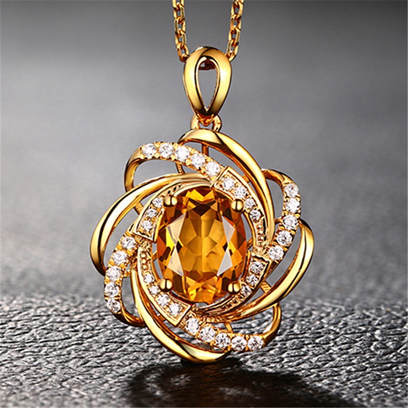 Sapphire Kalung Liontin Kristal Safir Bentuk Oval Spiral Bunga Gaya Elegan Romantis Untuk Wanita