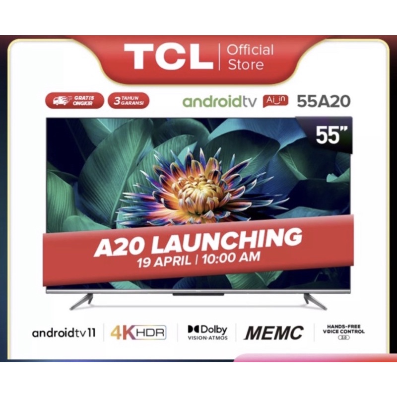 TV LED TCL 55 Inch 55A20 ANDROID Smart TV 11.0 Ultra HD 4K Garansi Resmi