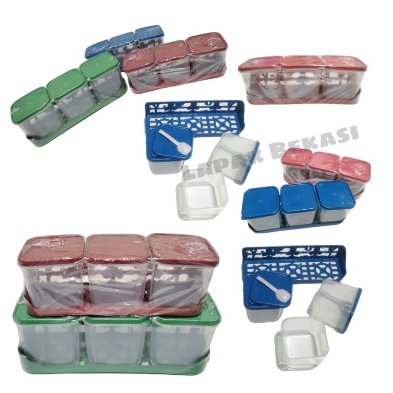 Rak Bumbu Gantung Set 3 Pcs Toples Free Sendok Kecil Tempat Bumbu Plastik Set