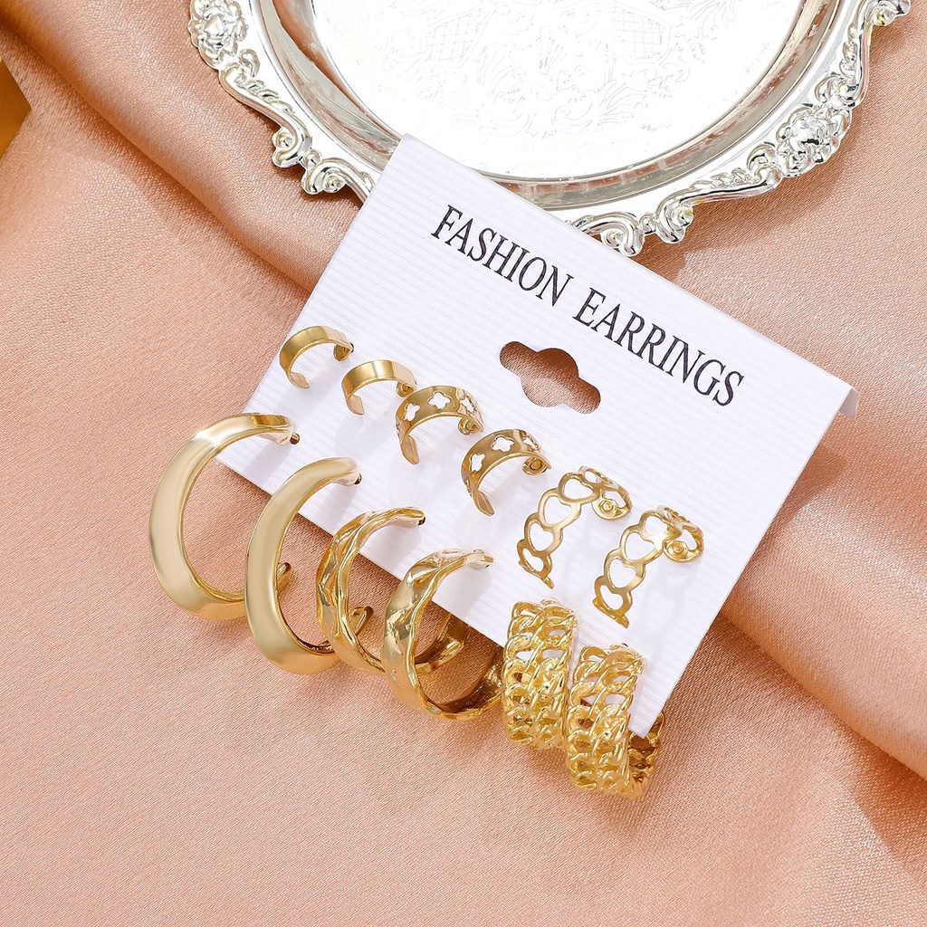 6 Pasang / set Anting Bentuk Lingkaran Geometris Bahan Logam Gaya retro Eropa Amerika