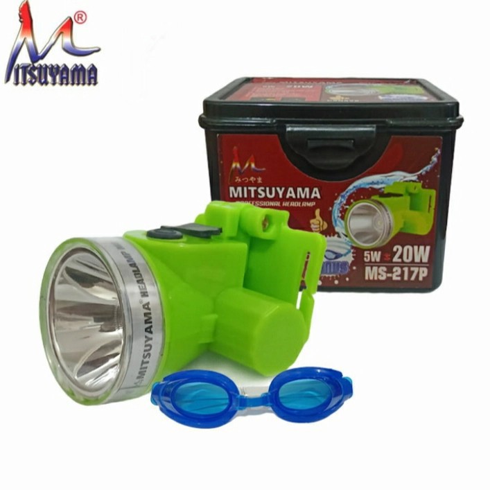 Senter Kepala Selam Mitsuyama MS-217P / Headlamp 20Watt - Cahaya Putih bonus kacamata selam Bagus