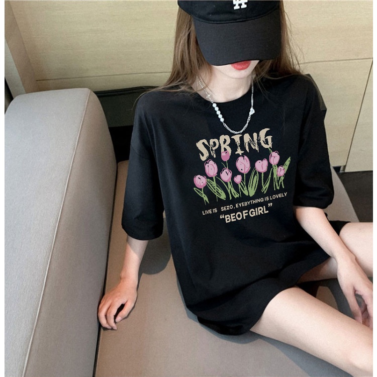 Kaos Couple Oversize Kekinian Vintage Letter and Flower Cartoon Pattern Printing Lengan Pendek T-shirt Baju Wanita Hitam