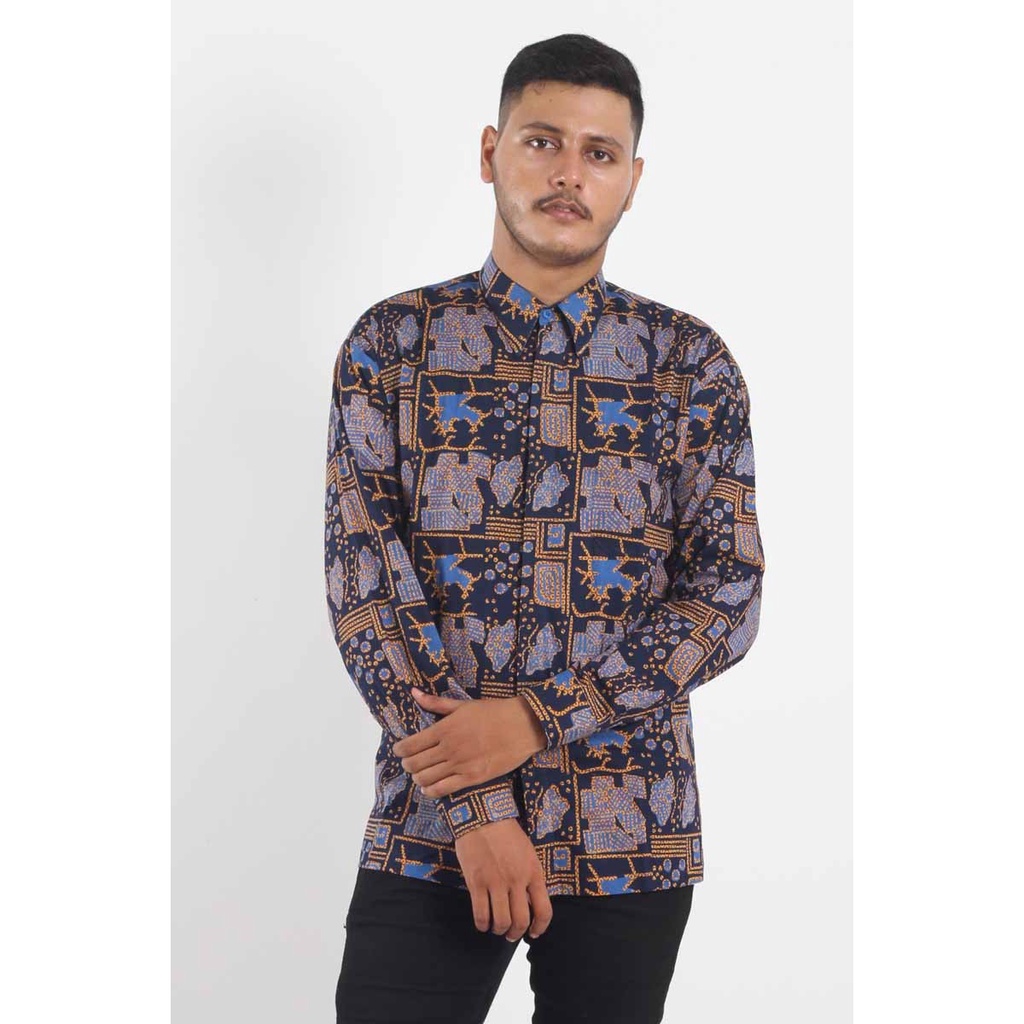 Kemeja Baju Batik Pria Lengan Panjang Cap Biru Muda Hitam