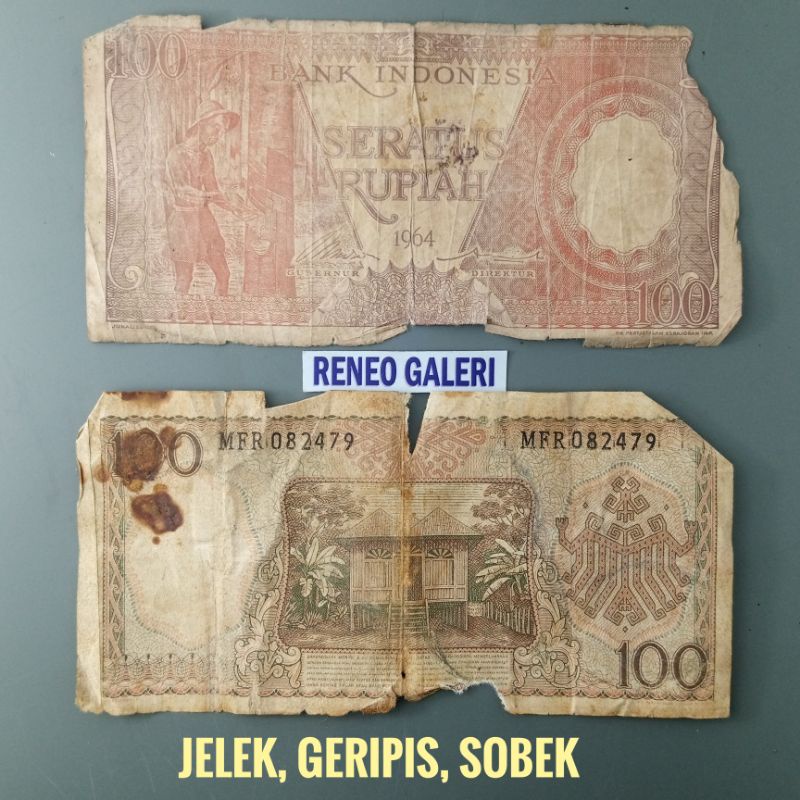 Geripis Sobek Asli 100 Rupiah tahun 1964 seri Pekerja tangan uang lama Rp duit kuno jadul merah Indonesia Original