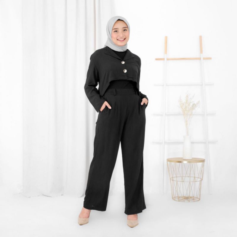 Azzura One Set -  Setelan Kemeja Wanita Lengan Panjang Crop Rayon Crinkle