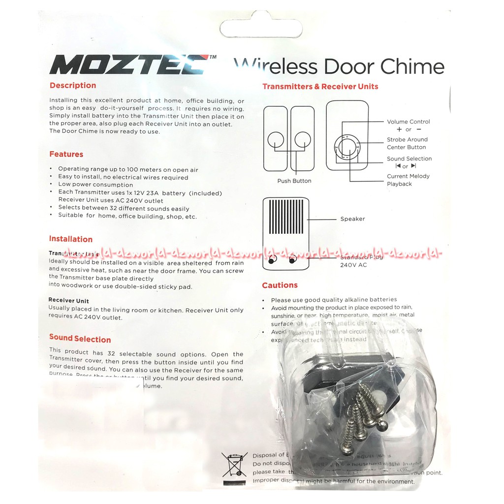 Moztec wireless Door Chime Bell Pintu Bel Tanpa Kabel Isi 2 Transmitters Tahan Panas Dan Hujan  I-click I-Klic iKlic Iklik