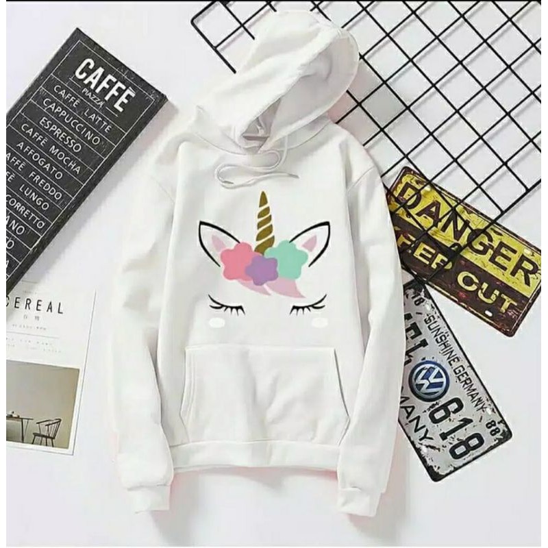 sweater wanita-hoodie wanita terbaru-sweater terlaris kekinian 2021-grosir sweater korean style-Unicorn putih