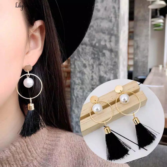 Anting Wanita Lingkaran Mutiara Rumbai Panjang Hitam