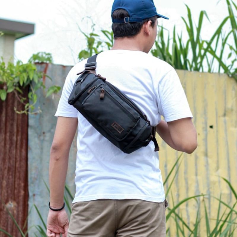 PUSIILL - Tas Waist Bag Pria Kulit Keren | Tas Pinggang Selempang Bahan Kulit Kombinasi Cordura | Tas Slempang Premium