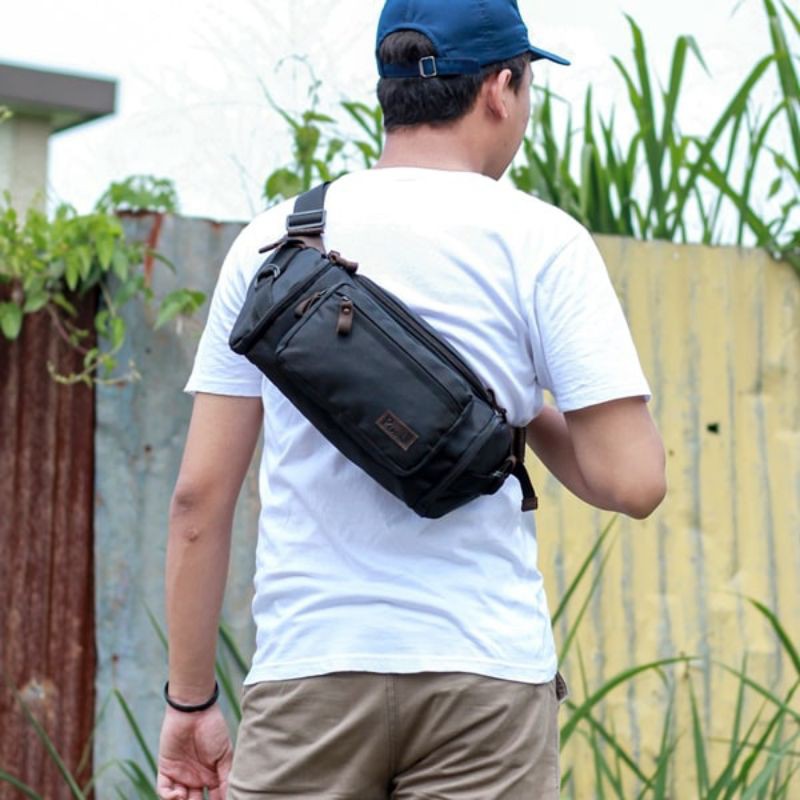 PUSIILL - Tas Waist Bag Pria Kulit Keren | Tas Pinggang Selempang Bahan Kulit Kombinasi Cordura | Tas Slempang Premium