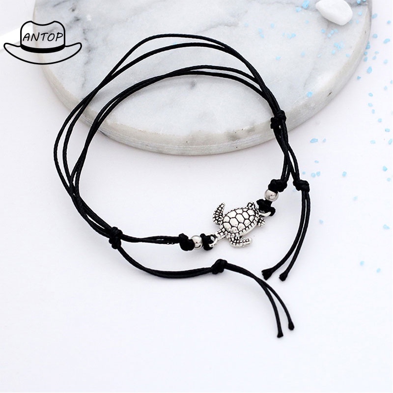 Gelang kura-kura tali rami antik, Buatan tangan anyaman perak, Gelang kura-kura kuno, Grosir gelang hitam polos ANTOP