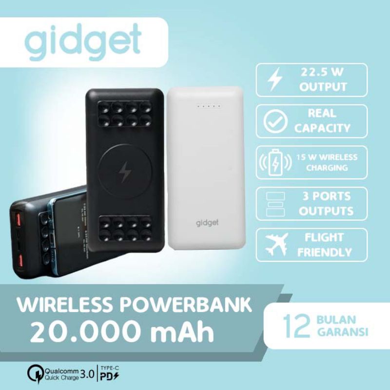 GIDGET A231 Powerbank Wireless 20000mAh QC3.0 + PD 22.5W Real Capacity