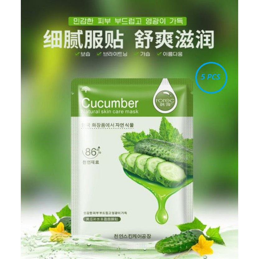 5 Pcs Masker Wajah HCHANA Cucumber Mentimun / Masker Muka HCHANA ROREC Cucumber Facial Sheet Mask Masker Wajah Organik Pemutih dan Glowing / Masker Organik Anti Komedo dan Jerawat / Masker Wajah Korea Murah Pria Wanita