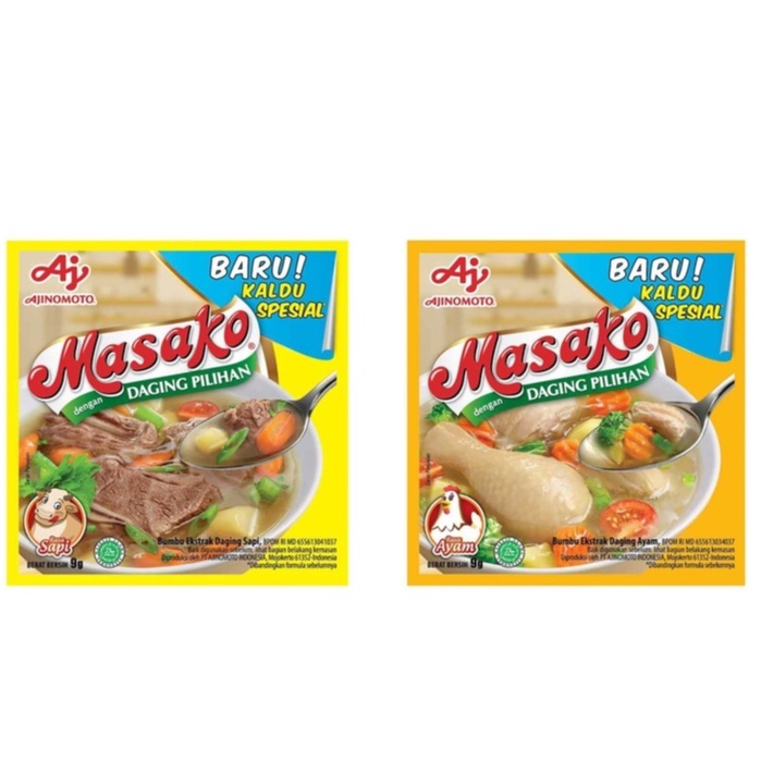 

Bumbu masak instant masako rasa kaldu sapi dan kaldu ayam kemasan 9 gr (satu renceng = 12 pcs)