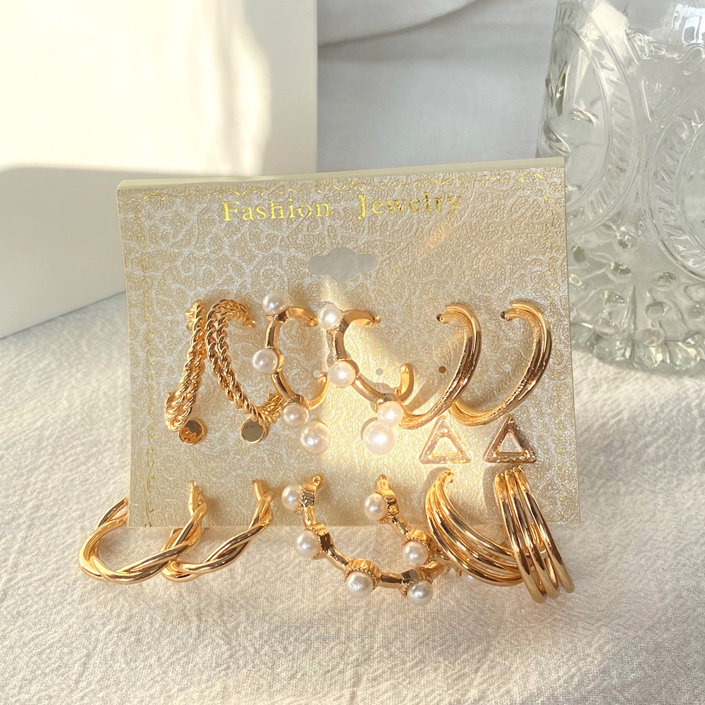 【COD Tangding】9 Pair/set Advanced Good Quality Pearl Earrings Set for Women Gold Earring Creative Retro Earings Fashion Accessories